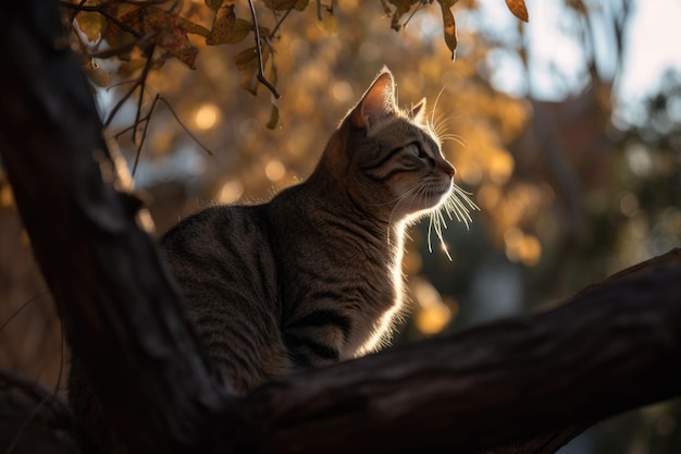 Foto ilustração gerada por ia de um gato malhado cinza empoleirado em um galho de árvore olhando para o céu