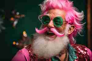 Foto ilustração gerada por ia de um homem idoso usando óculos e uma peruca e barba cor-de-rosa vibrantes