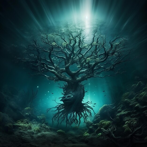 Ilustração gerada por IA de um misterioso animal subaquático escuro na floresta
