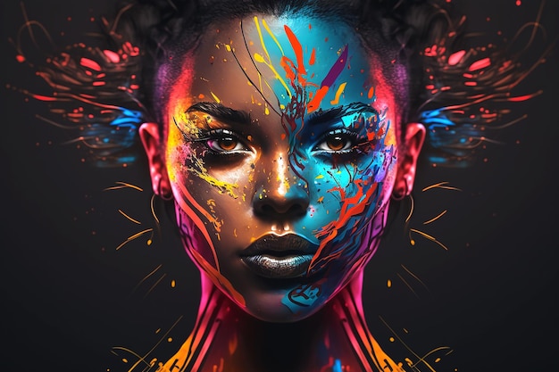Ilustração gerada por IA de um retrato de uma mulher com um design colorido de pintura facial