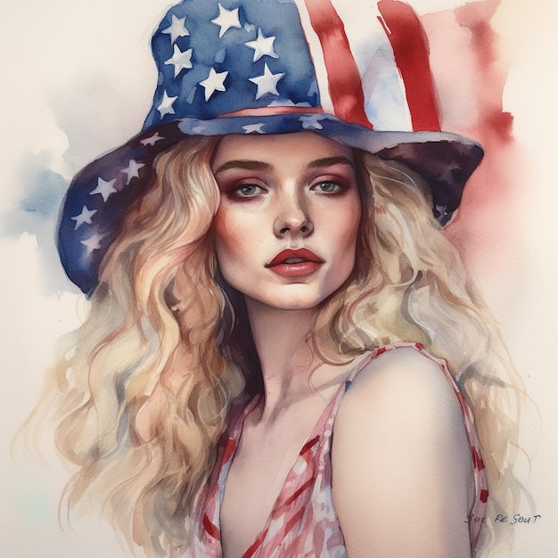 Ilustração gerada por IA de um retrato de uma mulher loira com o chapéu da bandeira americana em aquarela
