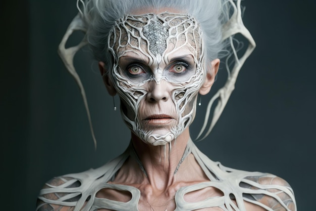 Ilustração gerada por IA de um rosto feminino com linhas e curvas no rosto e no corpo