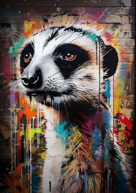 Ilustração gerada por IA de um vibrante mural de graffiti de um suricato com tinta respingada