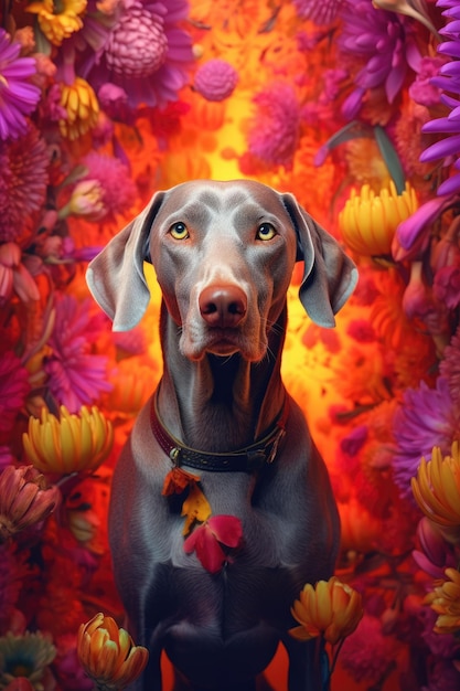 Ilustração gerada por IA de um Weimaraner retriever de pé em frente a um fundo de flores