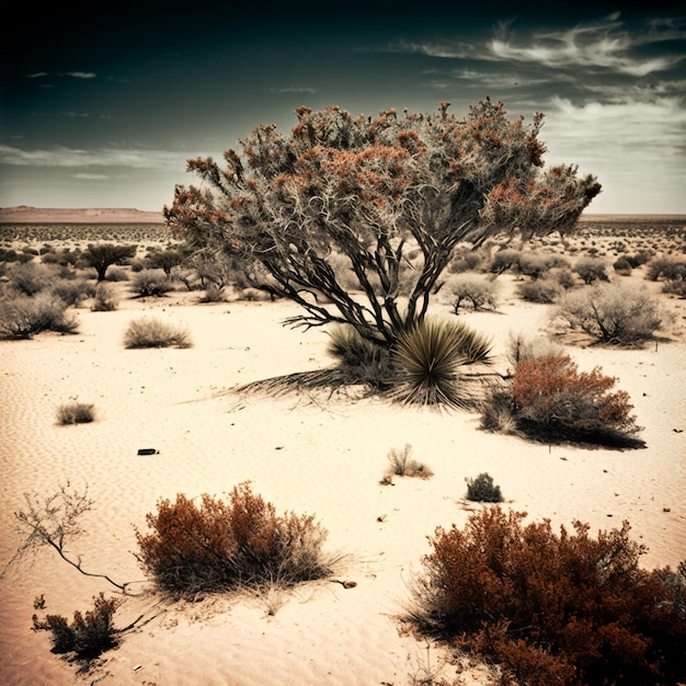 Ilustração gerada por IA de uma árvore isolada em uma paisagem árida no deserto