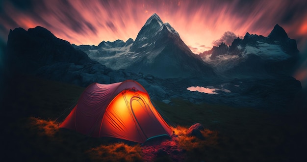 Ilustração gerada por IA de uma barraca de acampamento avermelhada em uma área montanhosa à noite