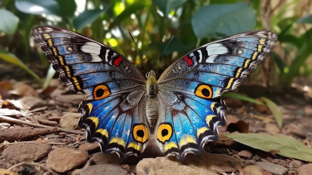 Ilustração gerada por IA de uma borboleta vibrante em um conjunto de arbustos em um ambiente ensolarado ao ar livre