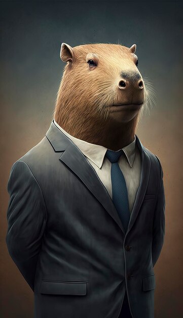 Foto ilustração gerada por ia de uma capivara em um terno de negócios contra um fundo escuro