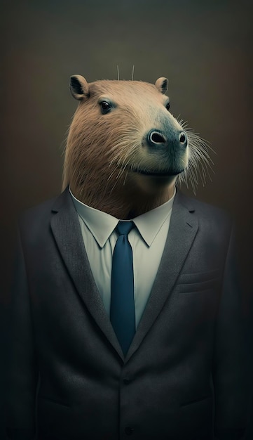 Ilustração gerada por IA de uma capivara em um terno de negócios contra um fundo escuro