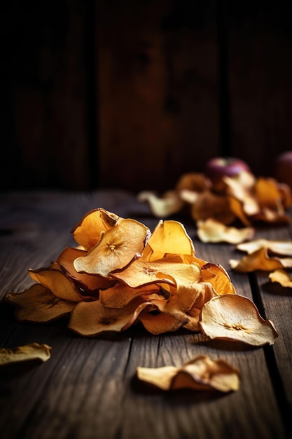 Ilustração gerada por IA de uma coleção de deliciosos chips de frutas secas em uma superfície de madeira