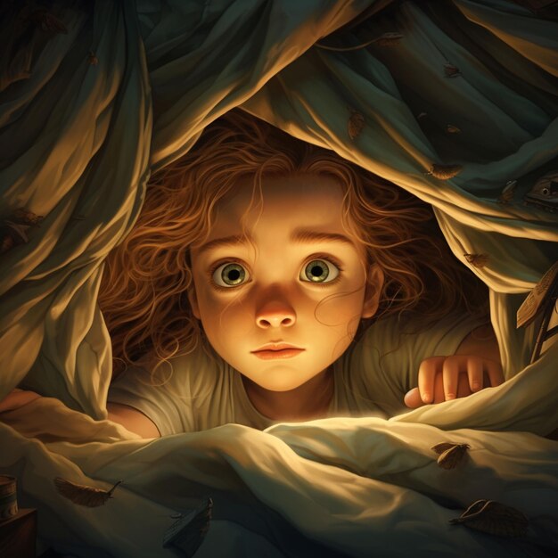 Ilustração gerada por IA de uma criança pequena escondida debaixo das coberturas de uma cama