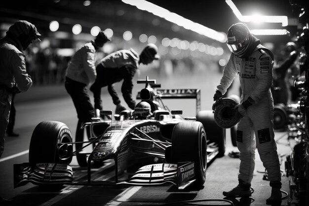 Foto ilustração gerada por ia de uma equipe de corrida trabalhando no pit stop