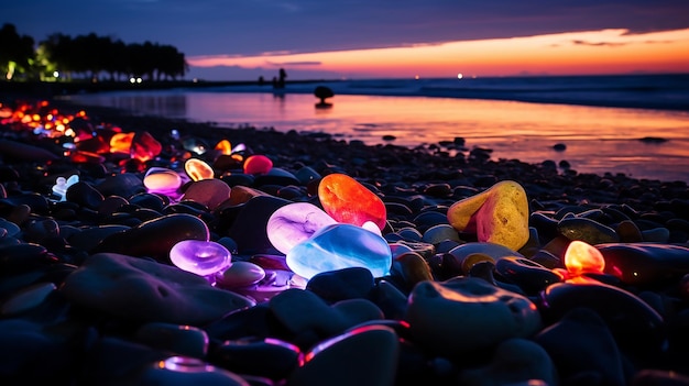 Ilustração gerada por IA de uma exibição vibrante de pedras de vidro multicoloridas em uma praia