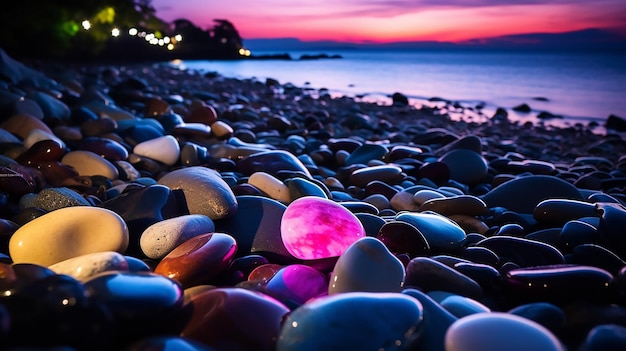 Ilustração gerada por IA de uma exibição vibrante de pedras de vidro multicoloridas em uma praia