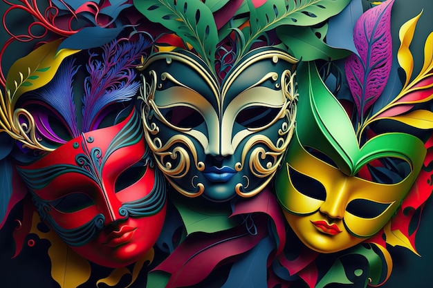 Ilustração gerada por IA de uma imagem vibrante de várias máscaras ornamentadas