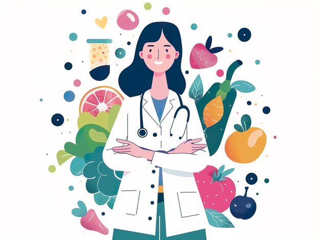 Foto ilustração gerada por ia de uma médica com ícones de frutas e legumes em estilo plano