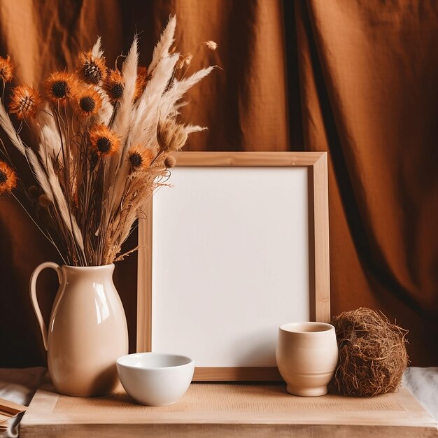 Ilustração gerada por IA de uma moldura de foto em branco perto de um vaso com flores e objetos de barro