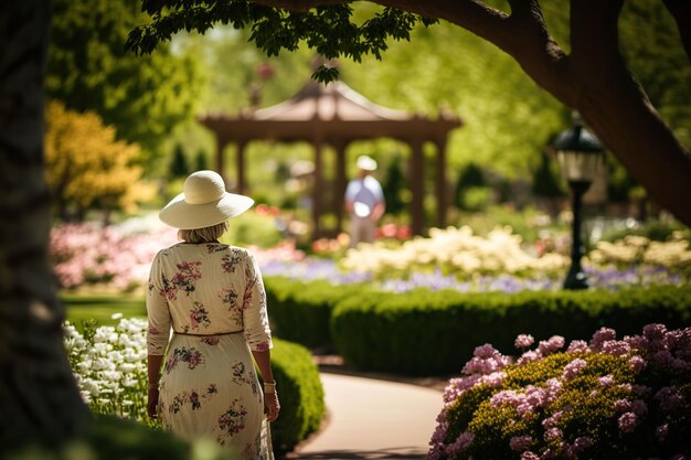 Foto ilustração gerada por ia de uma mulher usando um vestido da moda e um chapéu passeando em um jardim