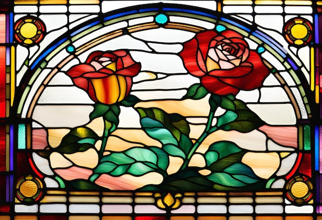 Foto ilustração gerada por ia de uma obra de arte de vitrais vibrante composta de flores detalhadas