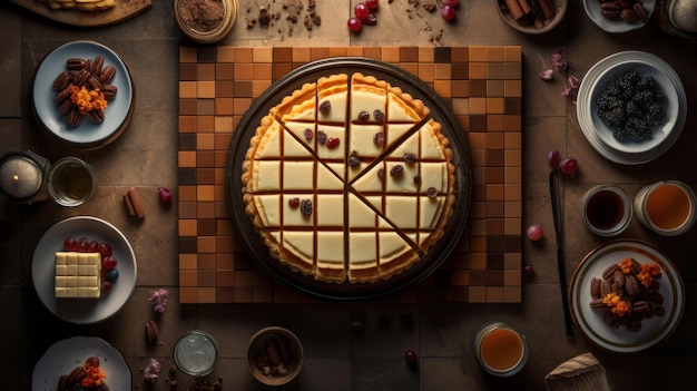 Ilustração gerada por IA de uma visão de cima para baixo de uma sobremesa com formas geométricas