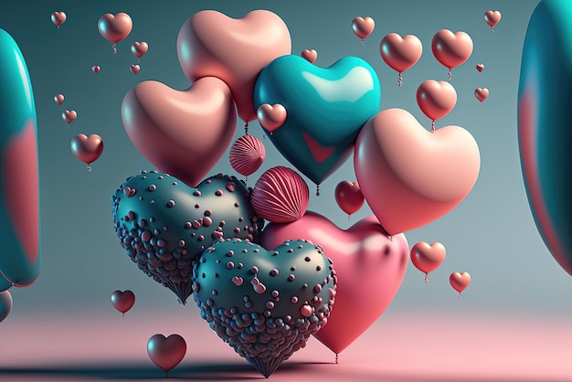 Ilustração gerada por IA de uma visão vibrante e festiva de balões rosa e azuis em forma de coração
