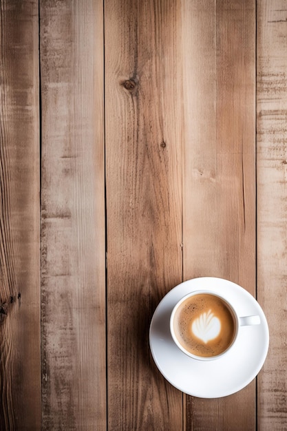 Ilustração gerada por IA de uma xícara de café com um rótulo em branco em uma mesa de madeira
