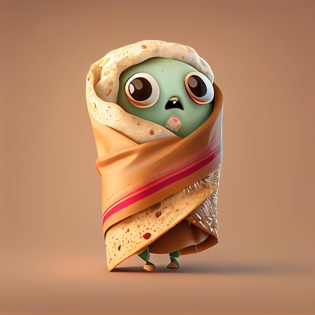 Ilustração gerada por IA do personagem de desenho animado Cute Burrito em fundo bege