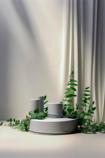 Ilustração gerativa de IA a partir de imagens renderizadas design moderno de cenário 3D nenhum produto na mesa cor branca exibição de produto vazio com conceito de publicidade de decoração de eucalipto