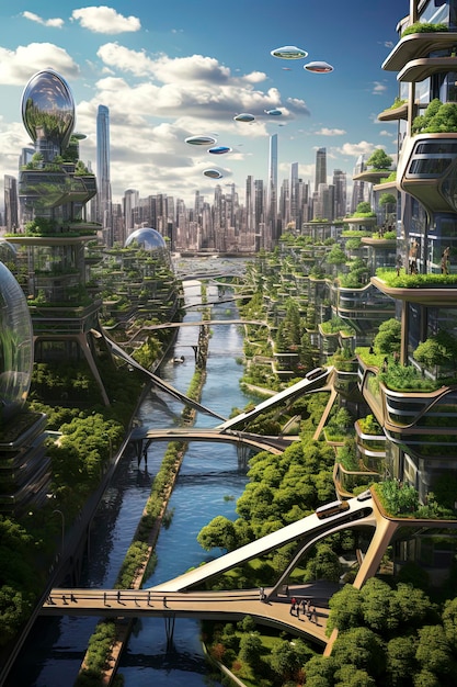 Foto ilustração gerativa de ia da renderização de uma cidade da cidade do futuro é sustentável e eficiente