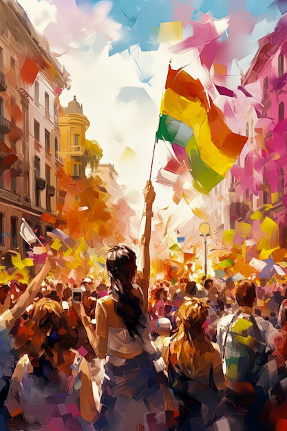 Ilustração gerativa de IA de celebração de orgulho gay e lésbico na rua com bandeira arco-íris em estilo de ilustraçãoLGBTArte digital