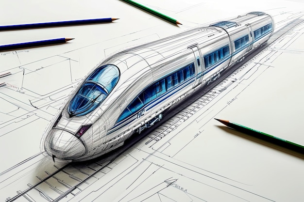 Foto ilustração gerativa de ia de desenho cad de projeto de trem de alta velocidade