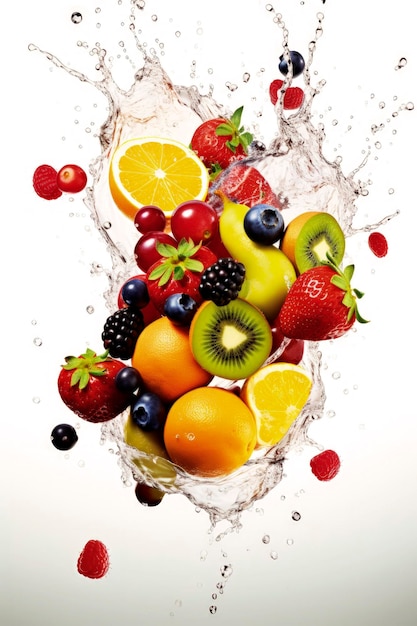 Ilustração gerativa de IA de frutas frescas e saudáveis fazendo salpicos na água com fundos coloridosAlimentos saudáveis