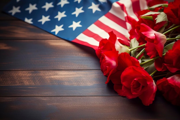 Ilustração gerativa de IA de fundo com bandeira dos Estados Unidos e flores com conceito de honra de espaço de cópia