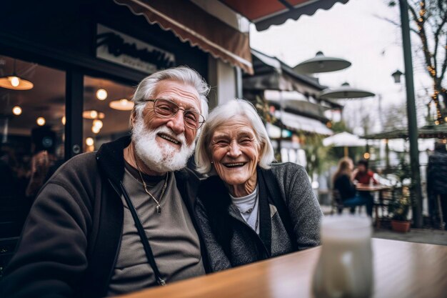 Ilustração gerativa de IA de um casal branco feliz desfrutando de uma bebida em um terraço de bar