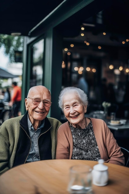Ilustração gerativa de IA de um casal branco feliz desfrutando de uma bebida em um terraço de bar