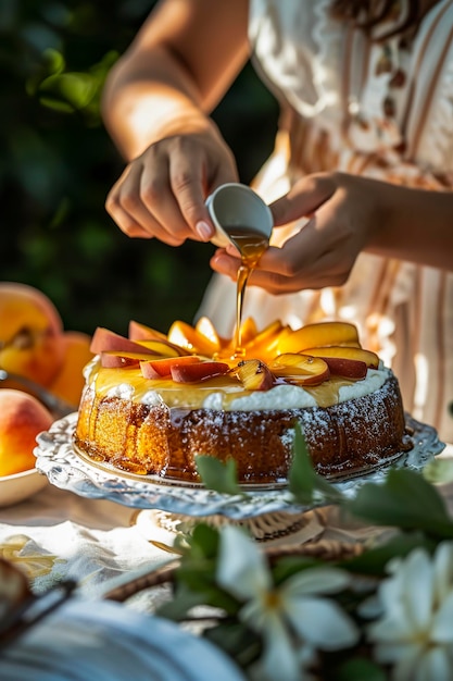 Ilustração gerativa de IA de uma deliciosa torta de pêssego caseira