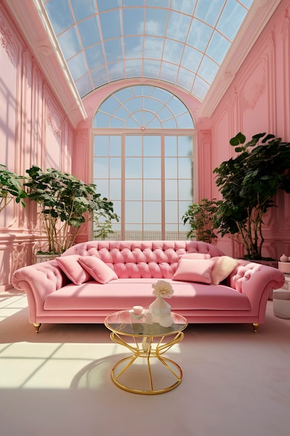 Ilustração gerativa de IA de uma luxuosa sala de estar rosa Barbie com grandes janelas Design de interiores de luxo