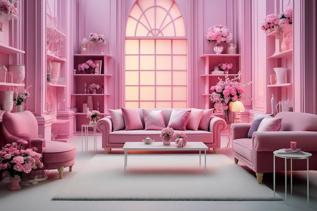 Ilustração gerativa de IA de uma luxuosa sala de estar rosa Barbie com grandes janelas Design de interiores de luxo