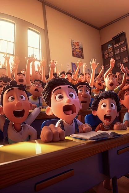 Ilustração gerativa de IA de várias crianças em idade escolar sentadas em suas mesas e olhando para a câmera e levantando as mãos