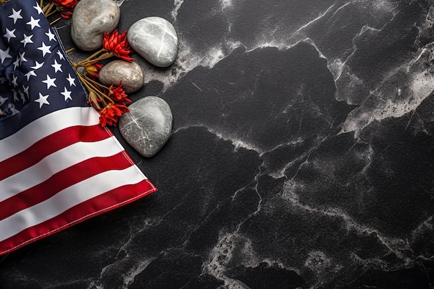 Ilustração gerativa de IA do Memorial Day Banner Premium Holiday Background com bandeira americana em Black Stone com espaço de cópia