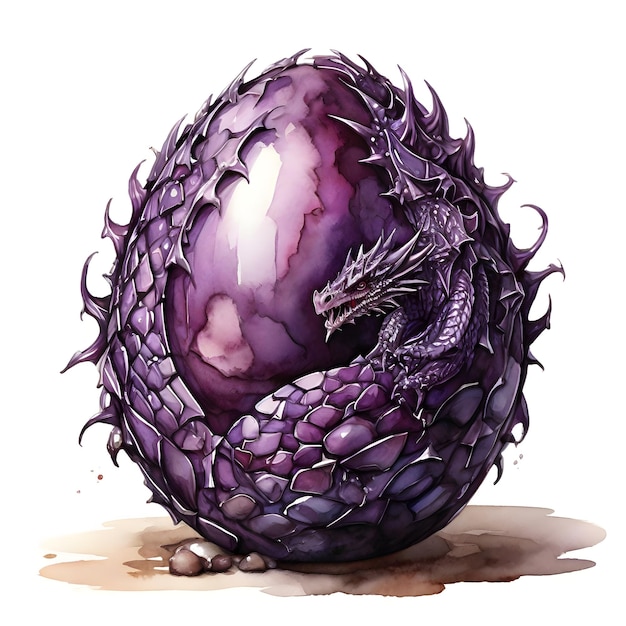 Ilustração gótica detalhada em aquarela de um ovo de dragão roxo escuro