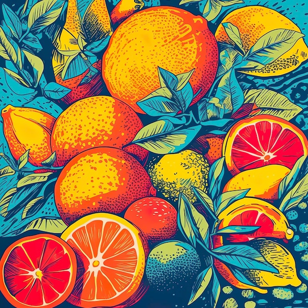 Ilustração gráfica de laranjas e limões cítricos laranja