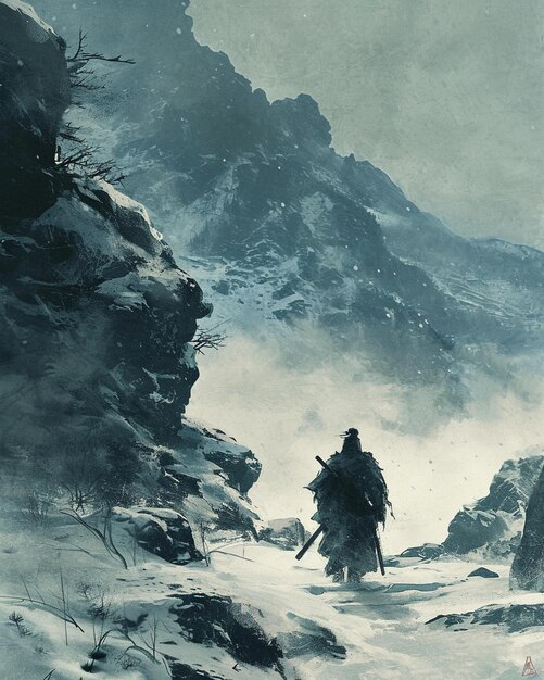 Ilustração gráfica de um samurai de pé sozinho em uma paisagem de inverno