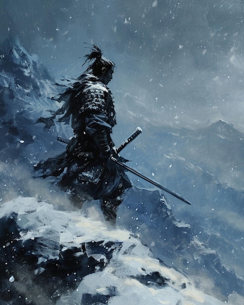 Ilustração gráfica de um samurai de pé sozinho em uma paisagem de inverno