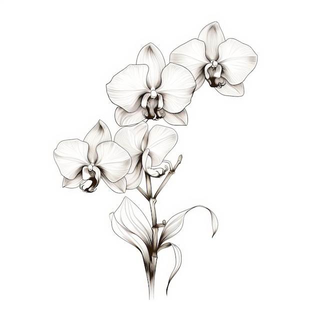 Ilustração gráfica delicada orquídea monocromática com tons claros de branco e bronze