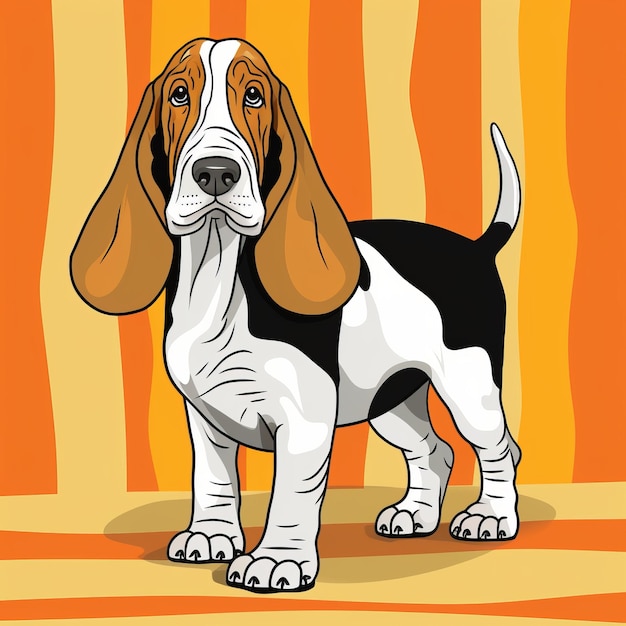 Foto ilustração gráfica detalhada de um cachorrinho de basset hound em fundo de pano listrado