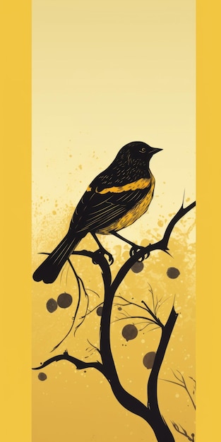 Ilustração gráfica estilo vintage de um pássaro em um fundo amarelo