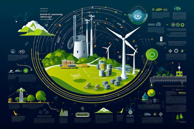 Ilustração gráfica vetorial generativa de IA representando energia renovável, energia eólica, energia limpa, conceito de ambiente de reciclagem