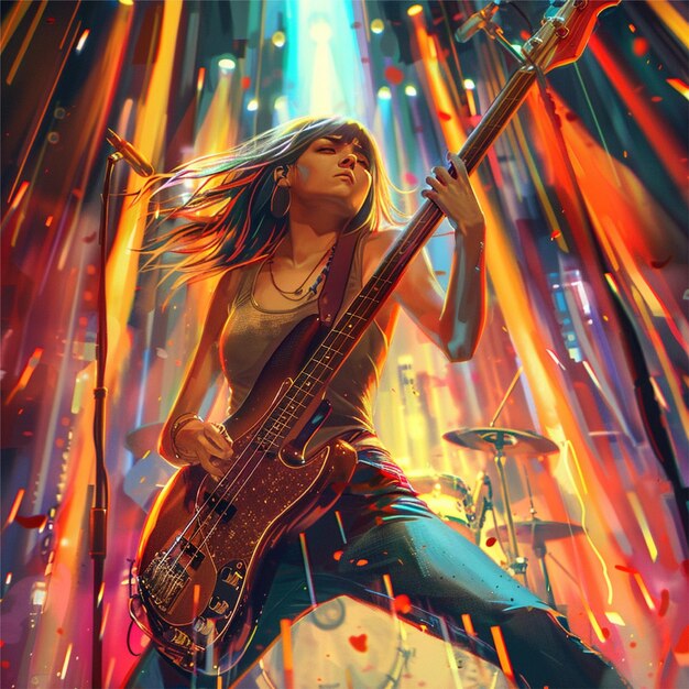 Ilustração HD realista de uma menina tocando baixo