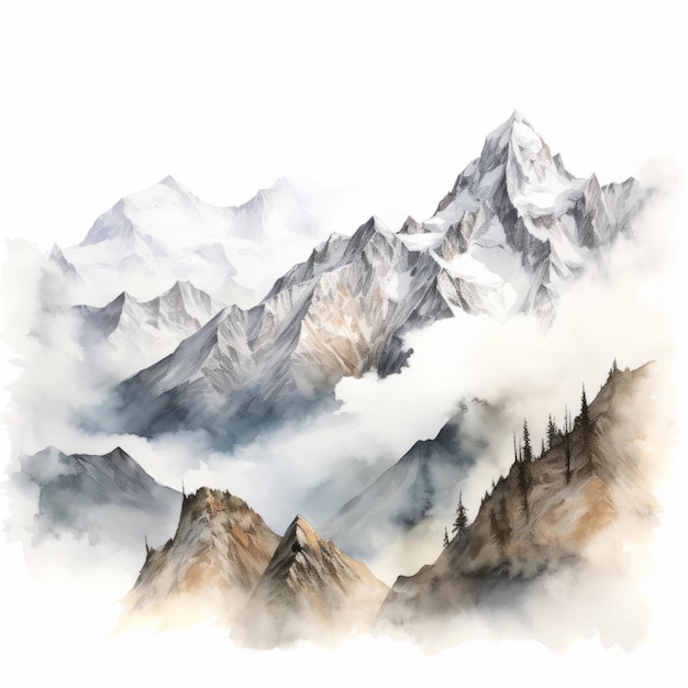 Ilustração hiper-realista de aquarela de paisagens de montanha